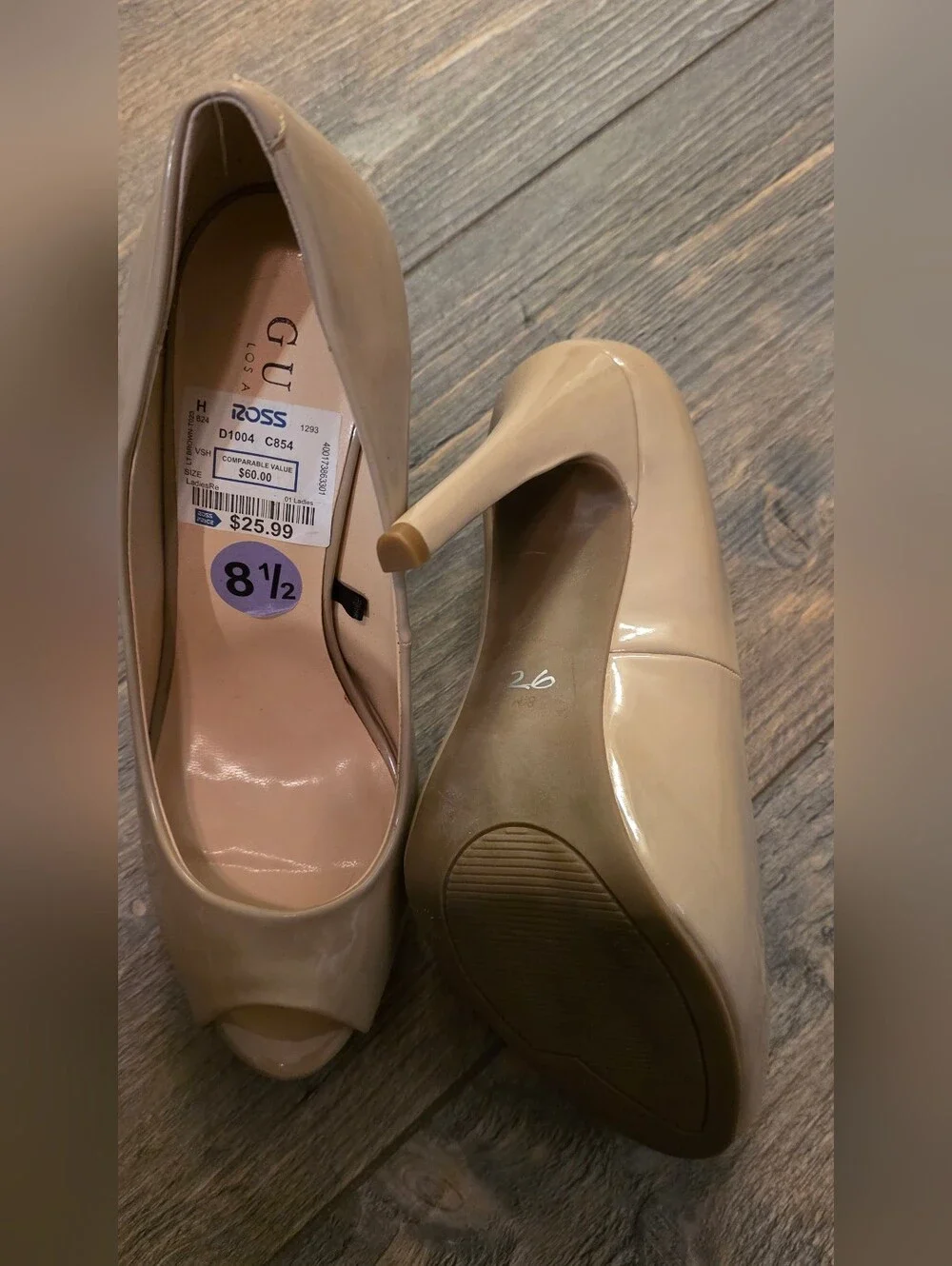 GUESS Beige Patent Peep-Toe Heels